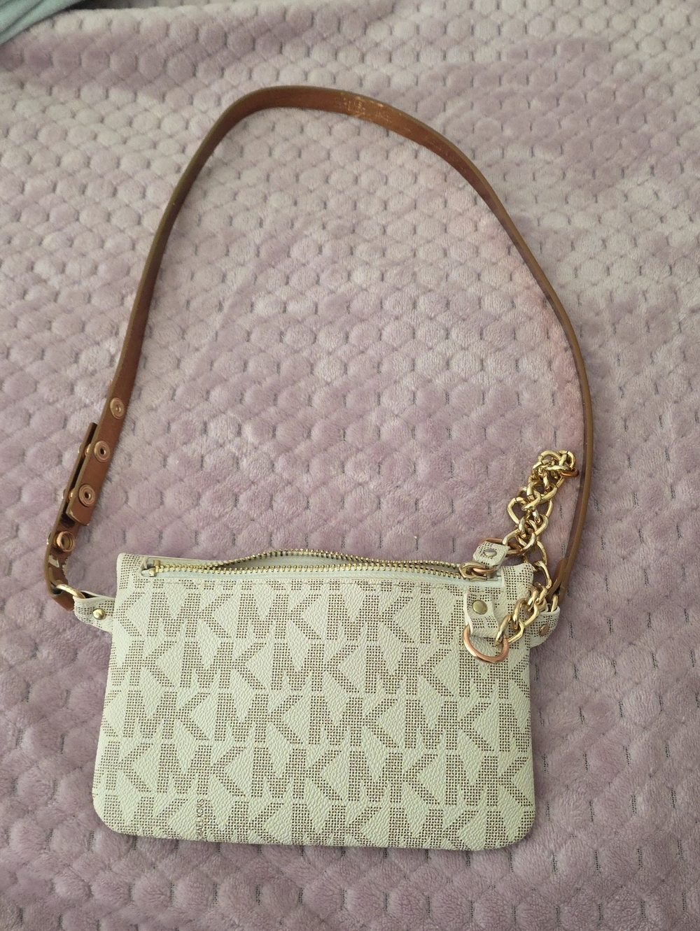 Michael Kors Cream Logo Crossbody with Tan Strap and Gold Chain